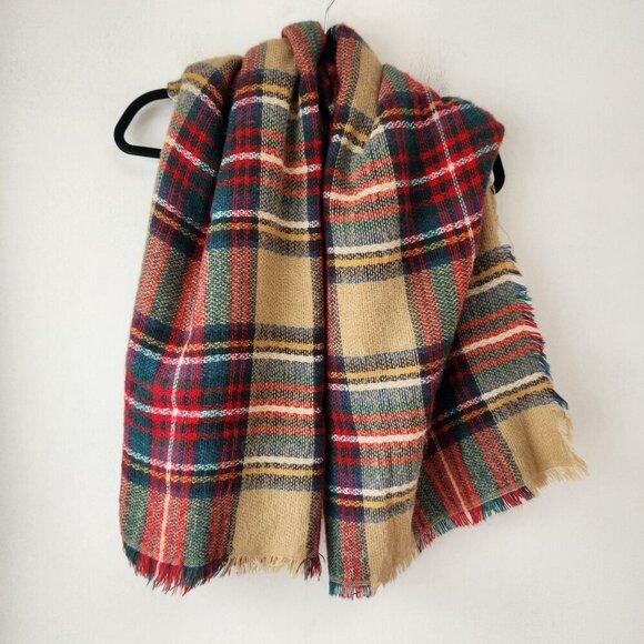 Classic Cozy Tartan Plaid Blanket Scarf Wrap Camel Brown Red OS - Picture 3 of 5